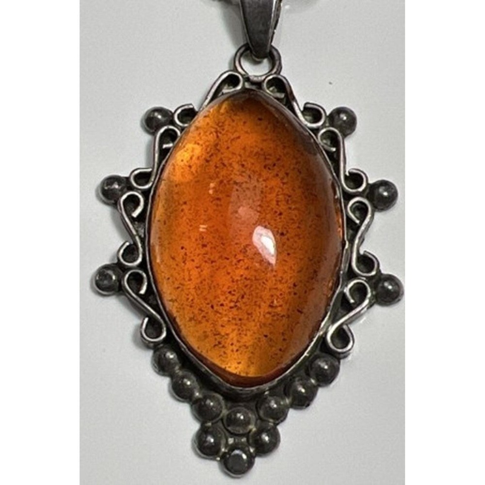 Vintage 925 Sterling Silver Mexico Amber Chabochon Pendant on 16" necklace 24.4g